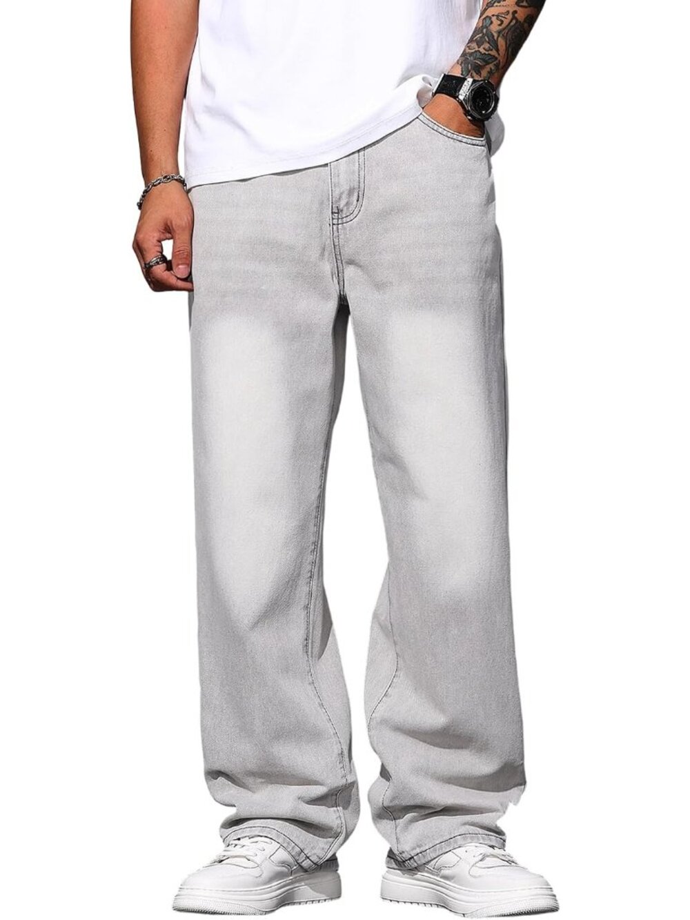 Men's Grey Wide Leg Loose Fit Hip Hop Streetwear Casual Denim Baggy Jeans